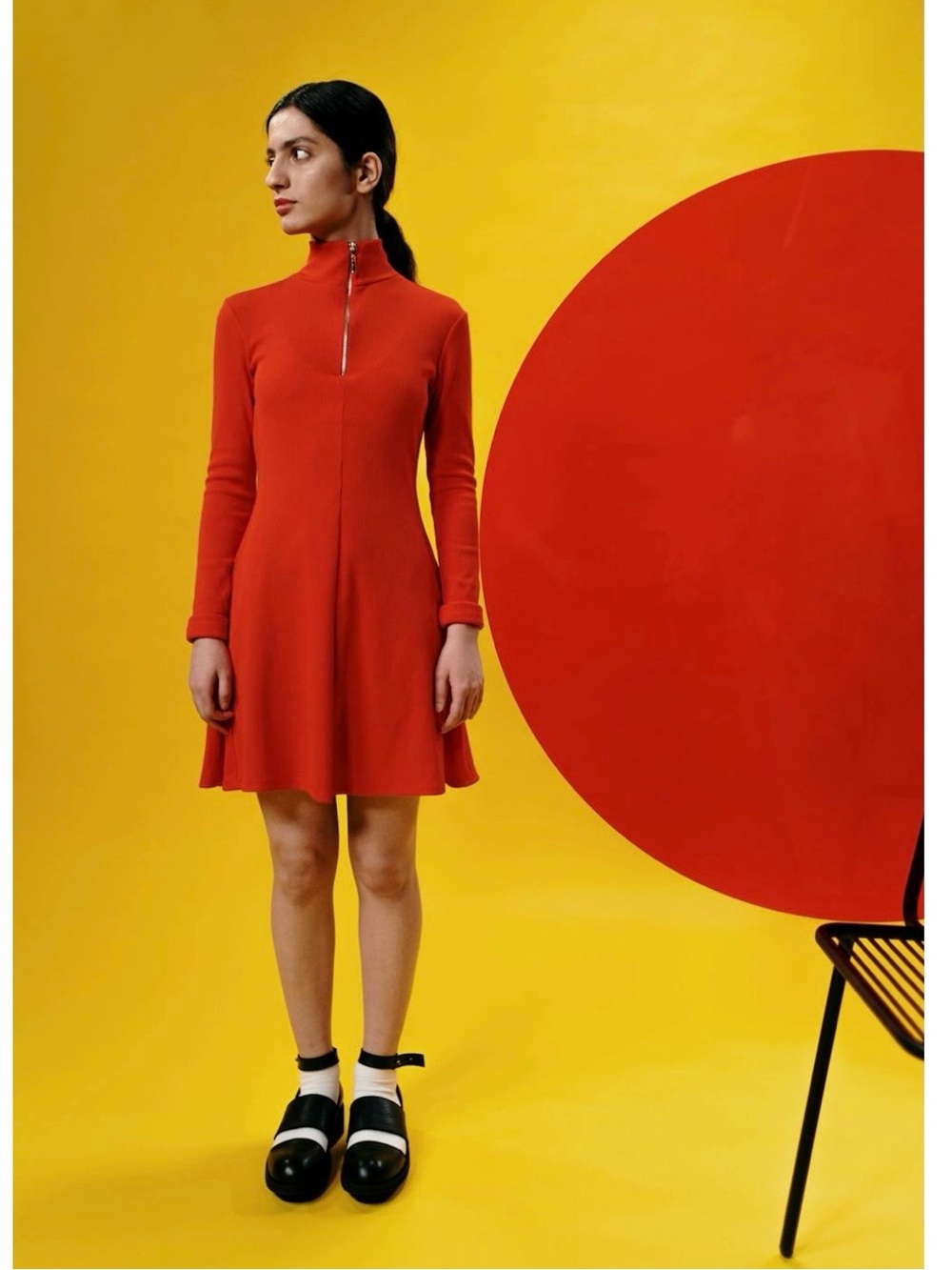 Zara Red Long-Sleeve Zip-Front A-Line Dress
